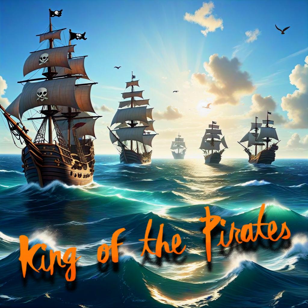 A pirate fleet sails across a bright blue sea under a golden sky.