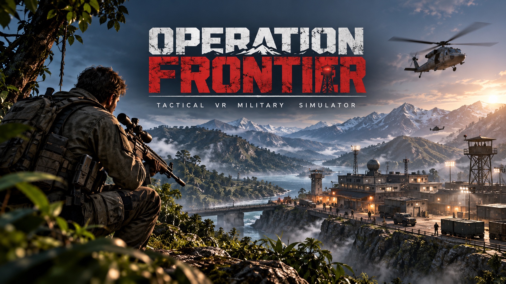 Operation Frontier key art: a soldier overlooking a mountain outpost at dawn.