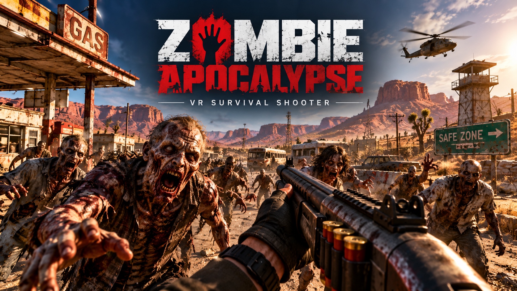 Zombie: Apocalypse key art: a horde closes in at a desert gas station.